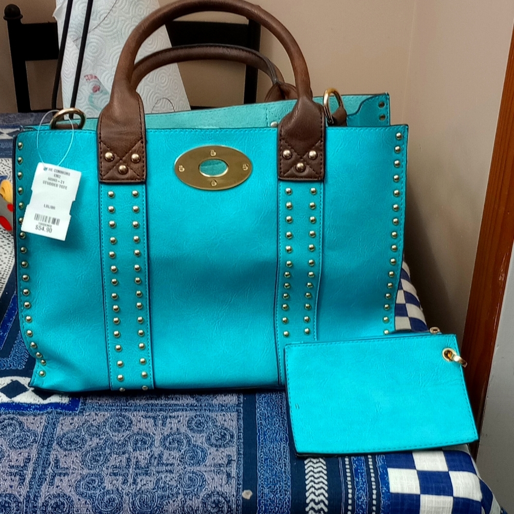 Stylish Turn-Lock Studded 3 in 1 Tote Bag, removable inner crossbody & sm wallet